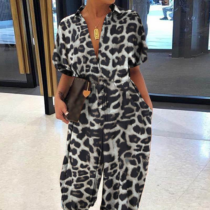 Women's Casual Loose Short Sleeve Button Up Jumpsuit