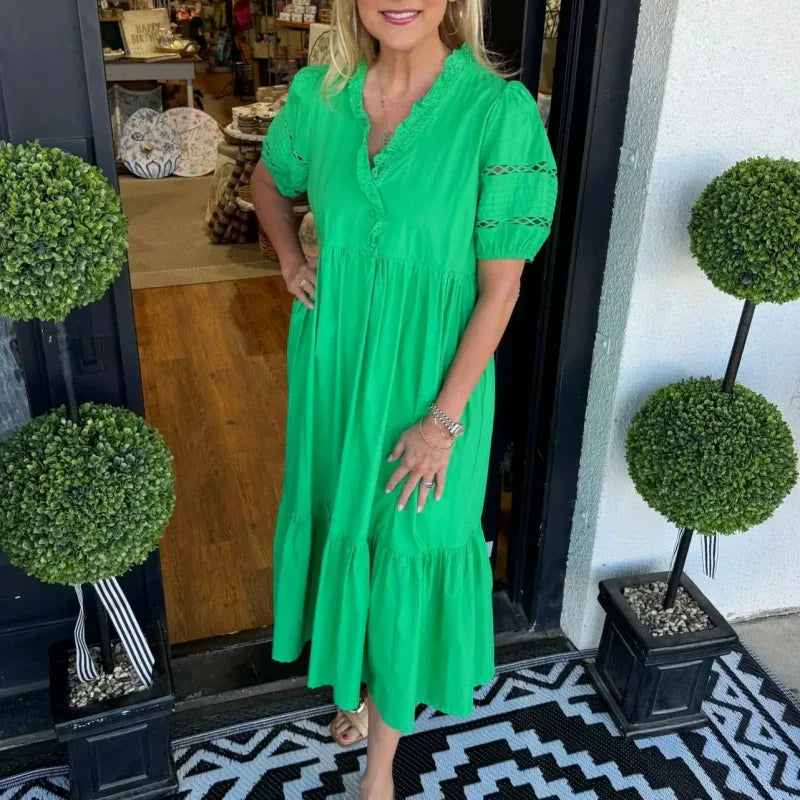 Women's Elegant V-Neck Puff Sleeve Tiered Dress