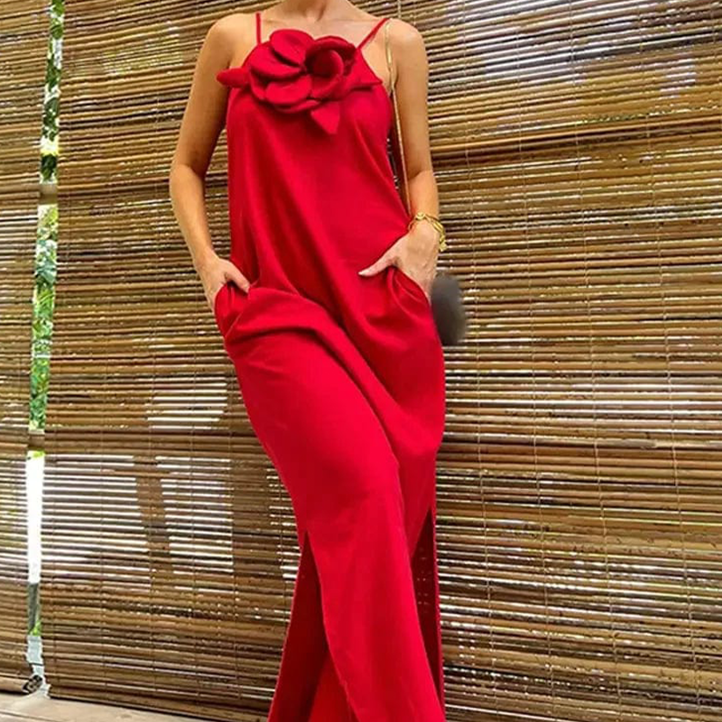 ⏳ Limited time 50% off! 💥Women's Elegant Spaghetti Strap Maxi Dress with Floral Accent
