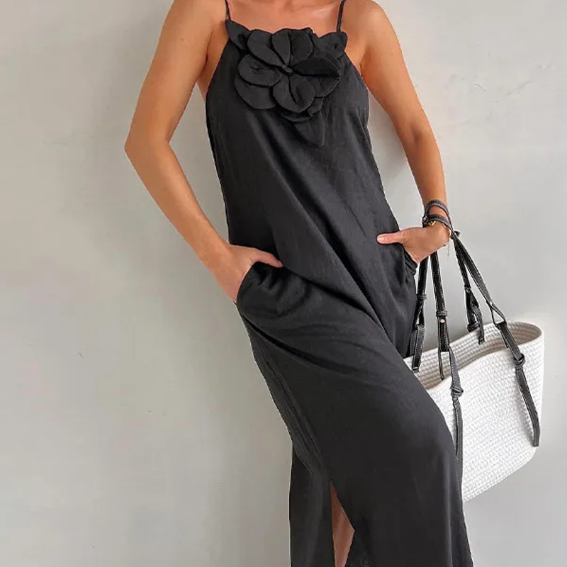 ⏳ Limited time 50% off! 💥Women's Elegant Spaghetti Strap Maxi Dress with Floral Accent