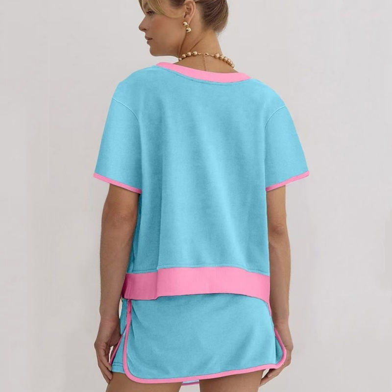 Look young with ease! 🎀 Women's color-block short-sleeved top and shorts set 👗