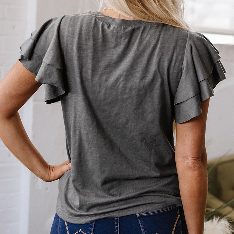 Casual Ruffle Round Neck Short Sleeve Top