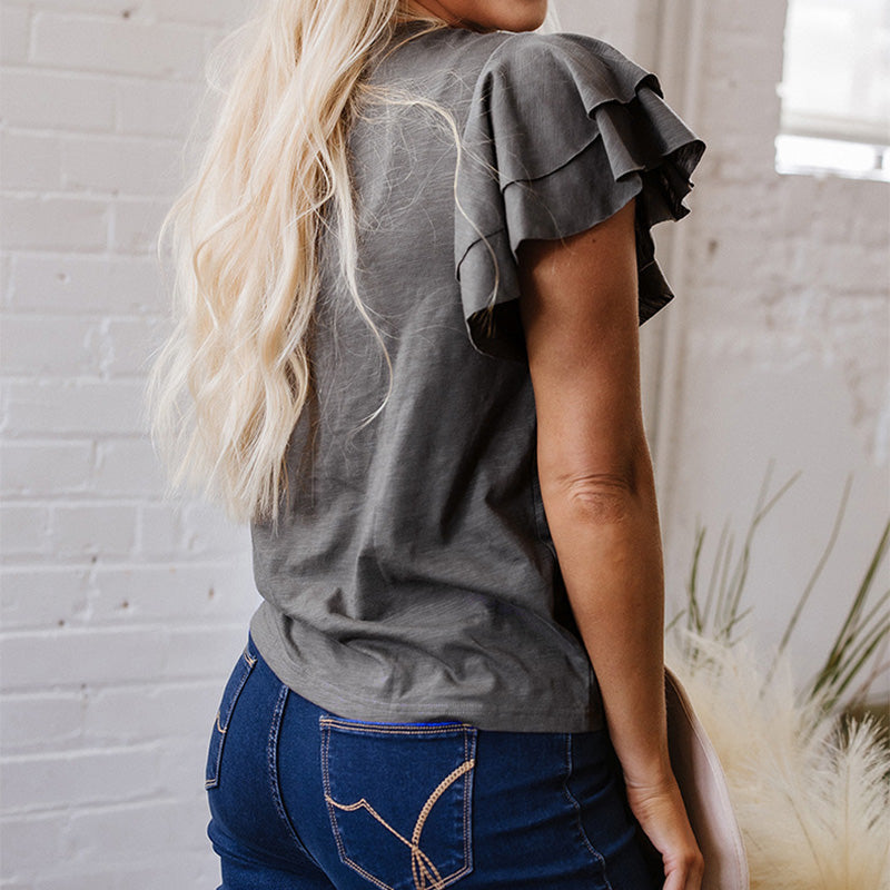Casual Ruffle Round Neck Short Sleeve Top