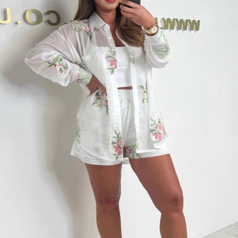 Women's Lightweight Breathable Embroidered Shirt Shorts Set