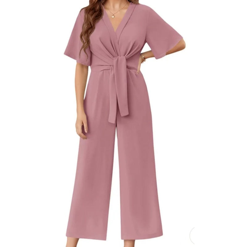 💖LAST DAY SALE 50% OFF💖Women's Elegant V-Neck Wide Leg Waist Tie Jumpsuit