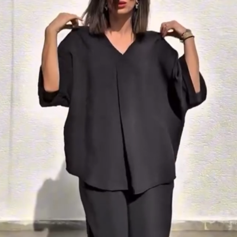 Women's Casual Loose Fit V-Neck Top & Pants Two-Piece Set