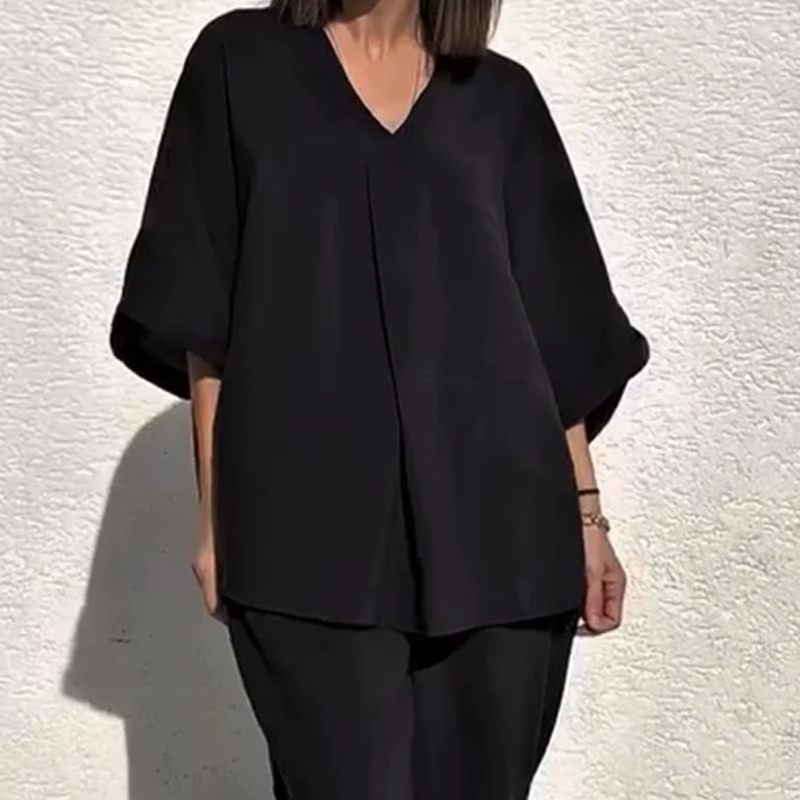 Women's Casual Loose Fit V-Neck Top & Pants Two-Piece Set