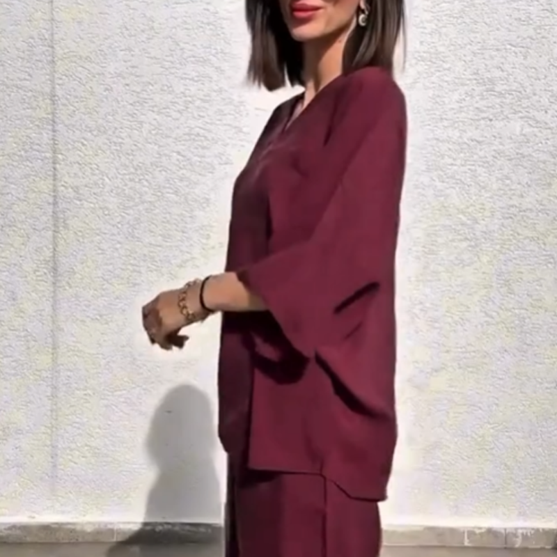Women's Casual Loose Fit V-Neck Top & Pants Two-Piece Set