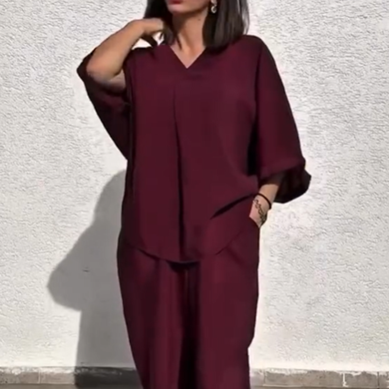 Women's Casual Loose Fit V-Neck Top & Pants Two-Piece Set