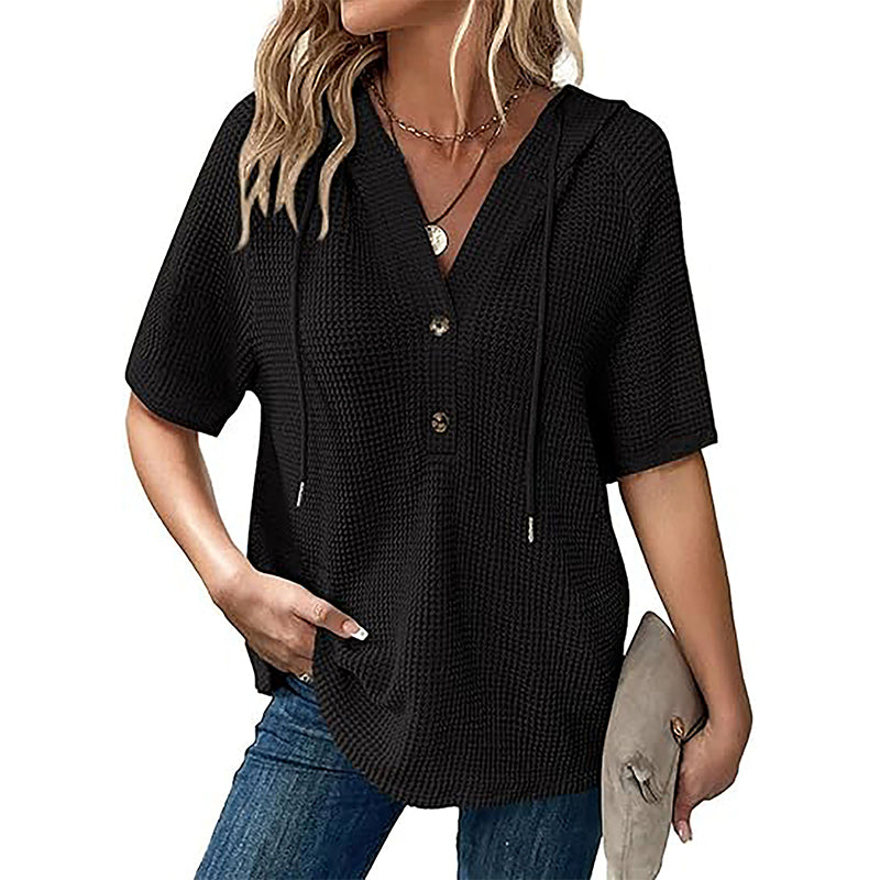 🍃Women's Solid Drawstring Hooded Short-Sleeve Tops