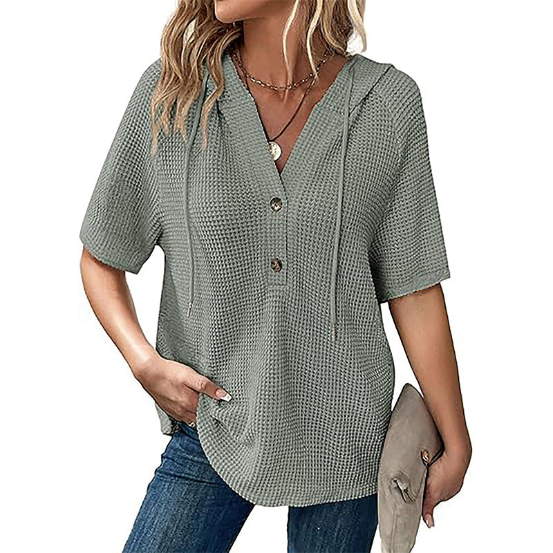 🍃Women's Solid Drawstring Hooded Short-Sleeve Tops