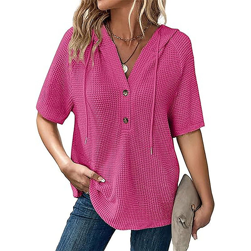 🍃Women's Solid Drawstring Hooded Short-Sleeve Tops