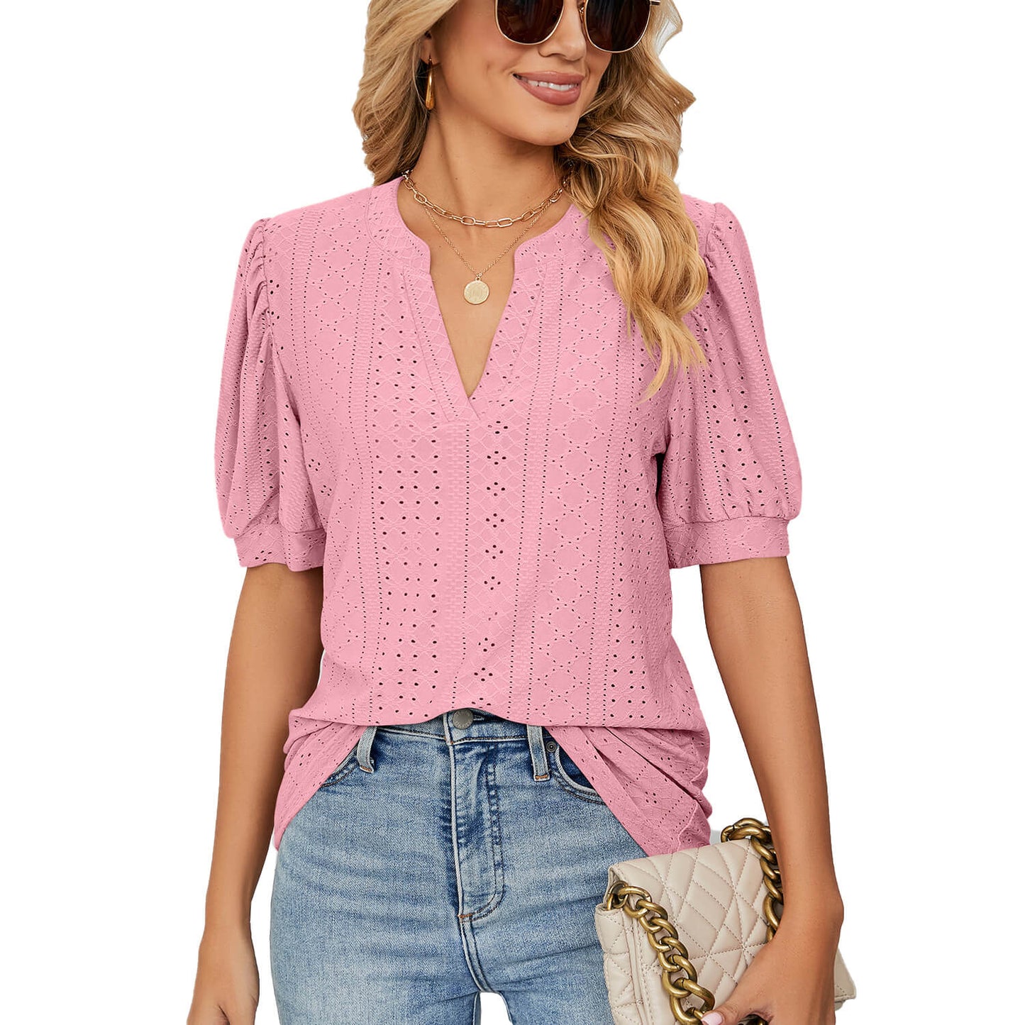 Loose Solid Color T-Shirt Top with Hollow Bubble Sleeves