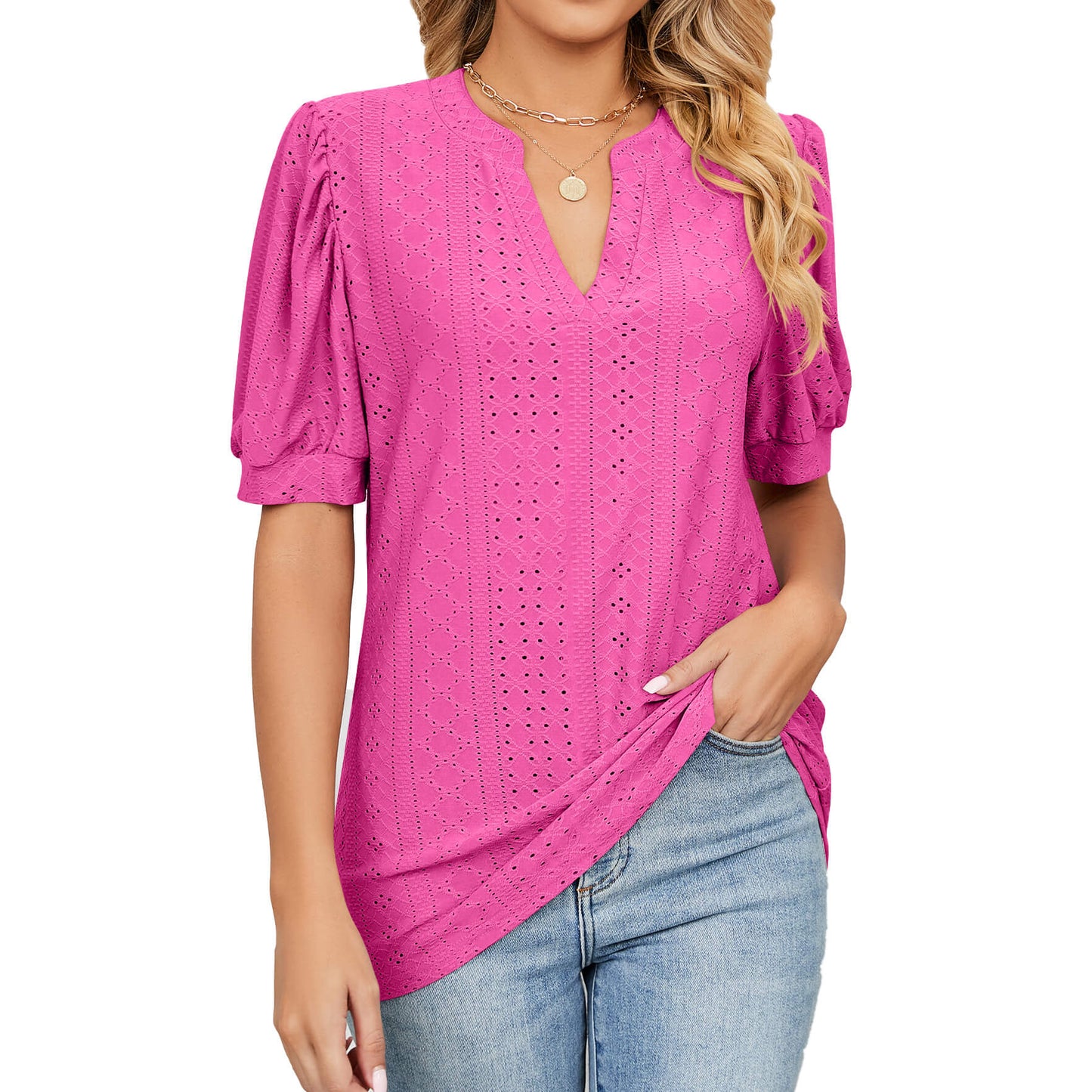 Loose Solid Color T-Shirt Top with Hollow Bubble Sleeves