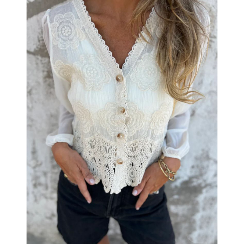 Women's V-Neck Lace Embroidery Long Sleeve Blouse