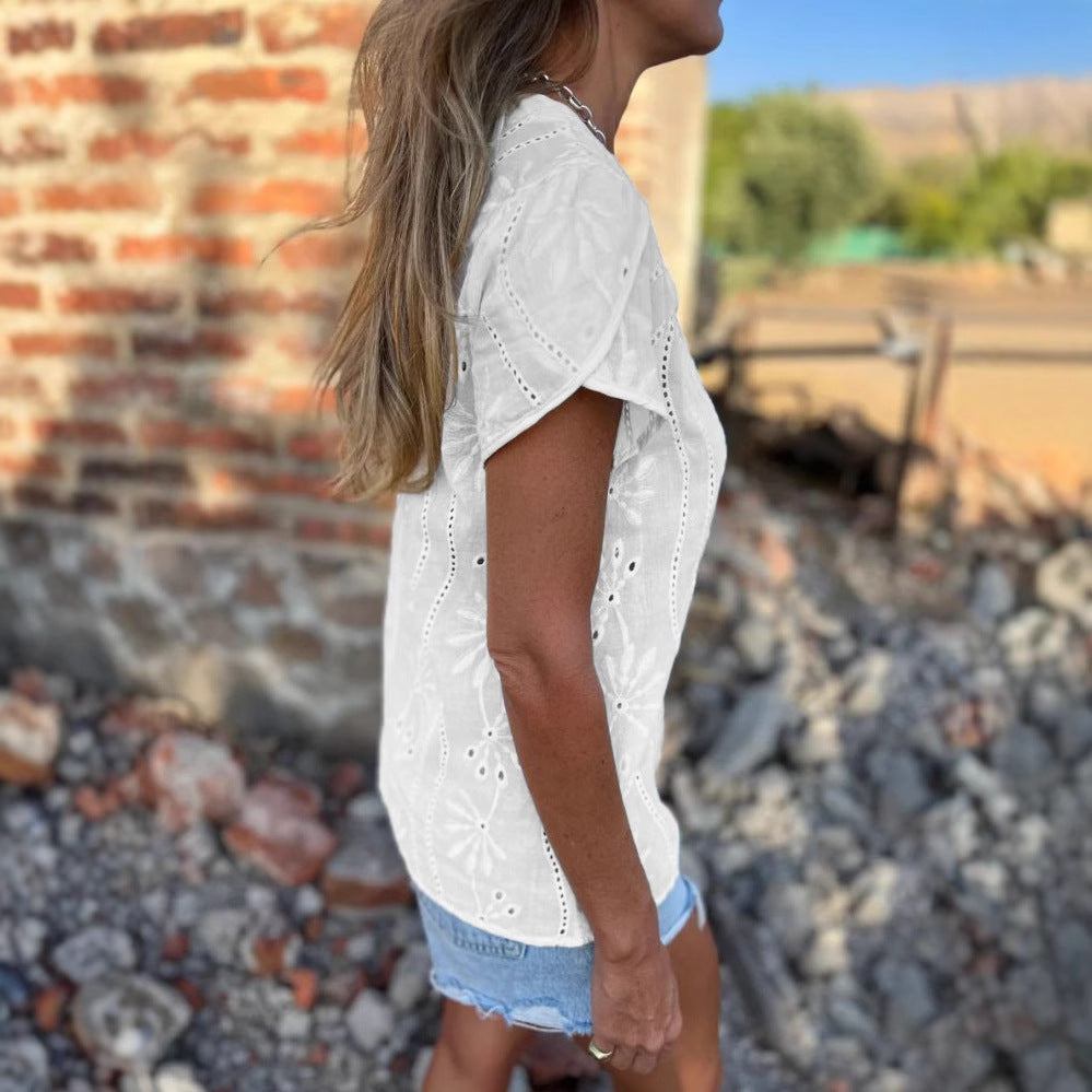 Women's V-Neck Embroidery Hollow Short Sleeve Shirt