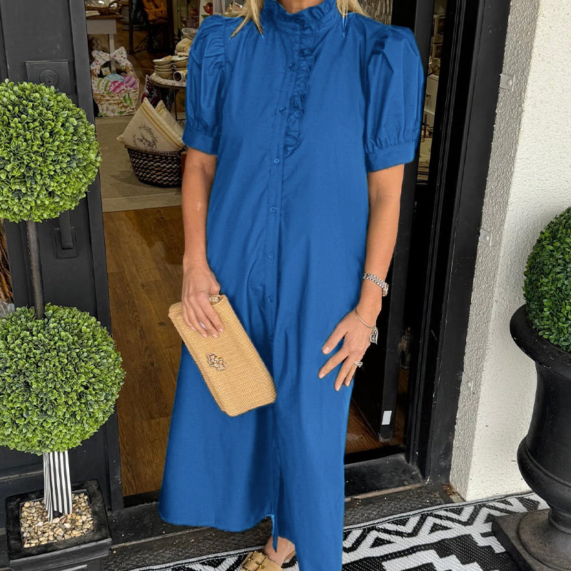 Women's Casual Solid Color Standing Collar Button Down Dress