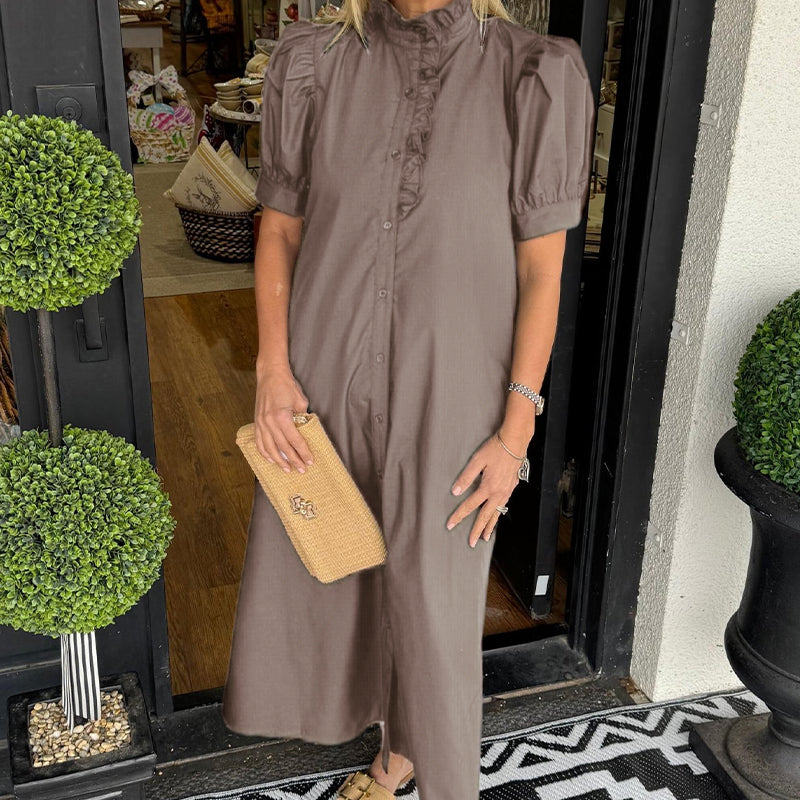 Women's Casual Solid Color Standing Collar Button Down Dress