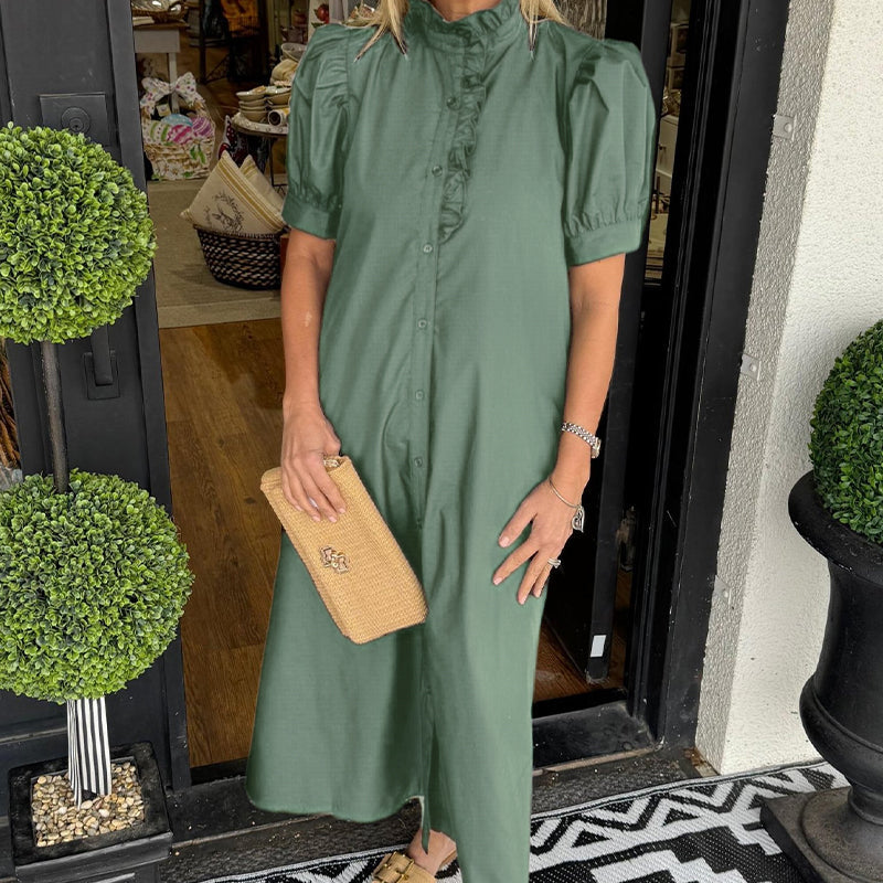 Women's Casual Solid Color Standing Collar Button Down Dress