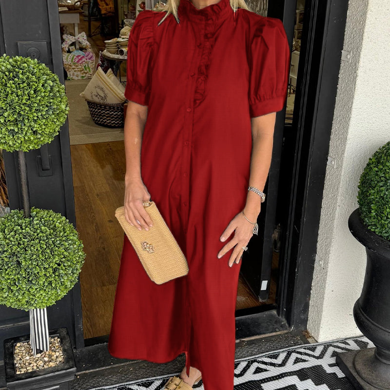 Women's Casual Solid Color Standing Collar Button Down Dress