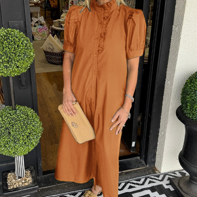 Women's Casual Solid Color Standing Collar Button Down Dress