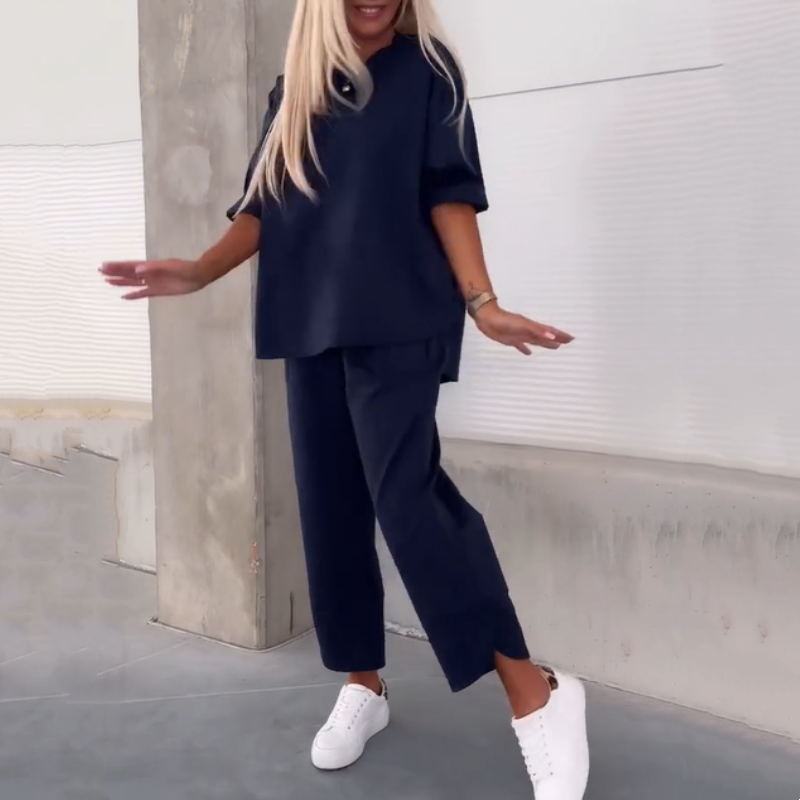 Women’s Casual Solid Short-Sleeve Tops & Pants Two-Piece Set