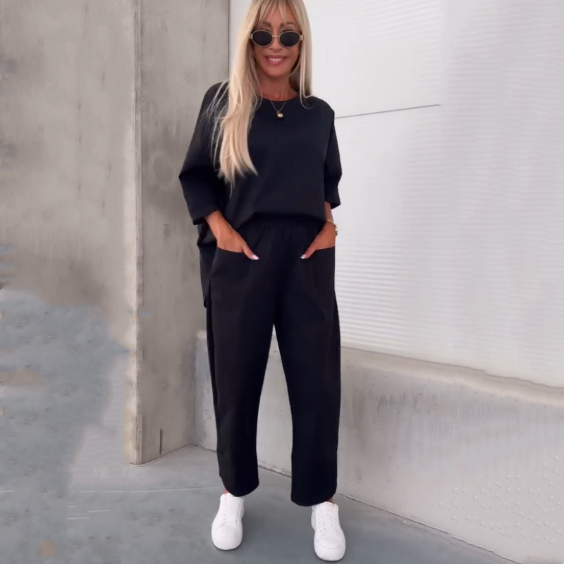 Women’s Casual Solid Short-Sleeve Tops & Pants Two-Piece Set