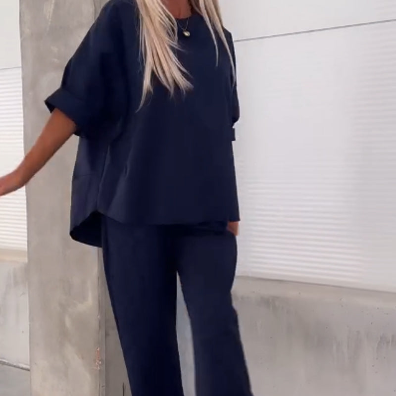 Women’s Casual Solid Short-Sleeve Tops & Pants Two-Piece Set