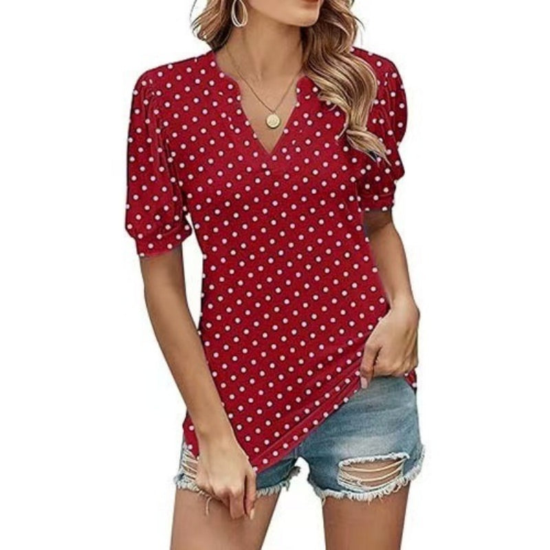Women's Casual V-Neck Puff Sleeve Polka Dot Print Top
