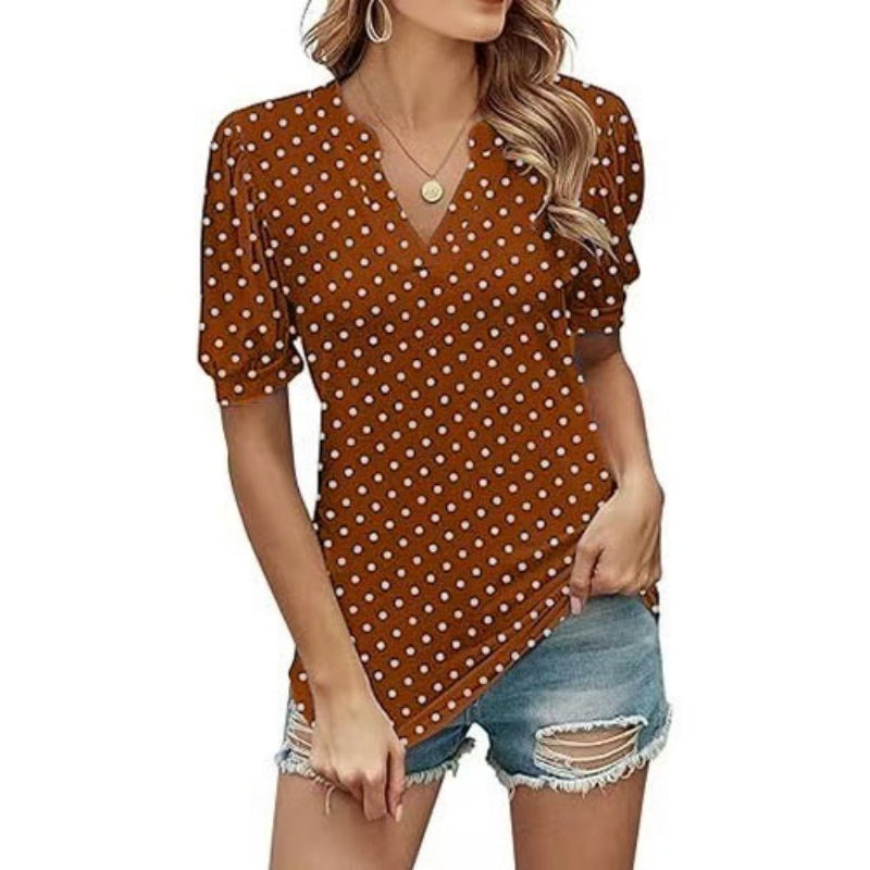 Women's Casual V-Neck Puff Sleeve Polka Dot Print Top