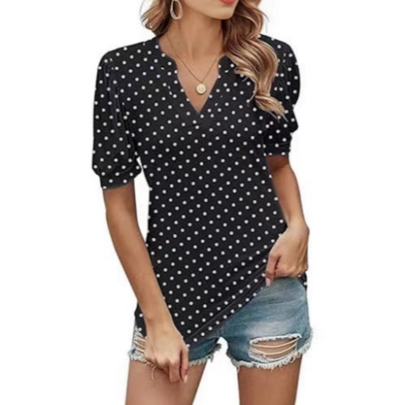 Women's Casual V-Neck Puff Sleeve Polka Dot Print Top
