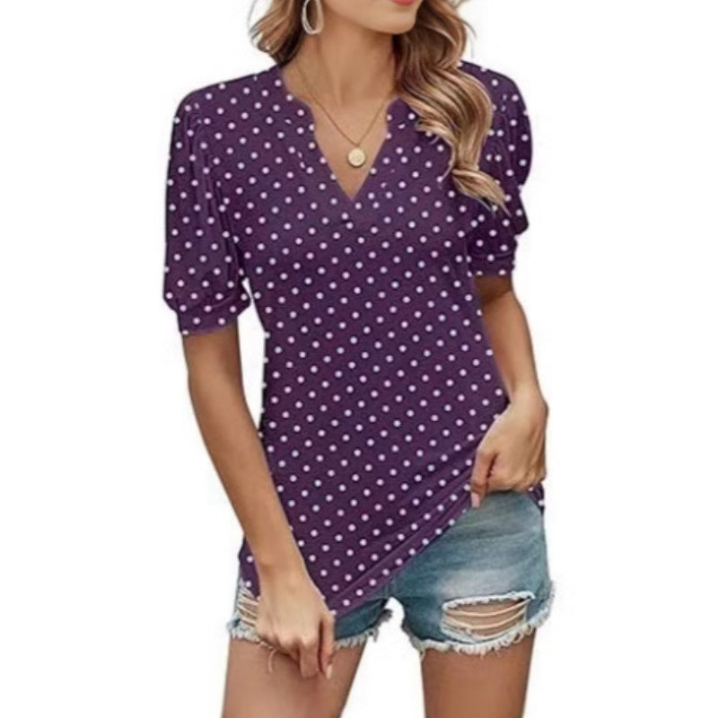 Women's Casual V-Neck Puff Sleeve Polka Dot Print Top