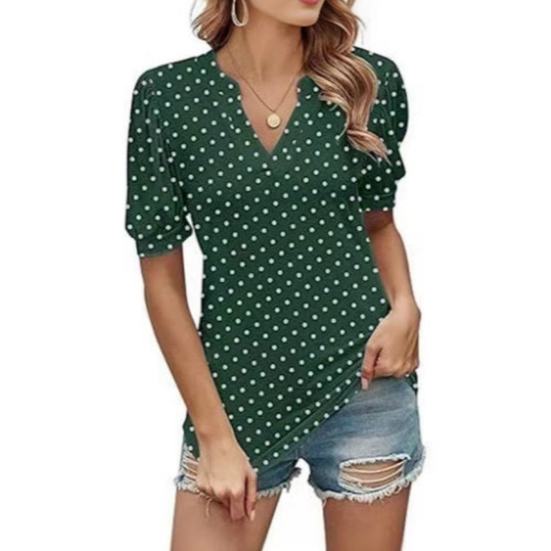 Women's Casual V-Neck Puff Sleeve Polka Dot Print Top