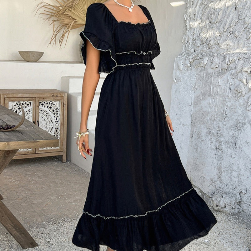 Women's Causal Puffy Short Sleeve Square Neck Dresses