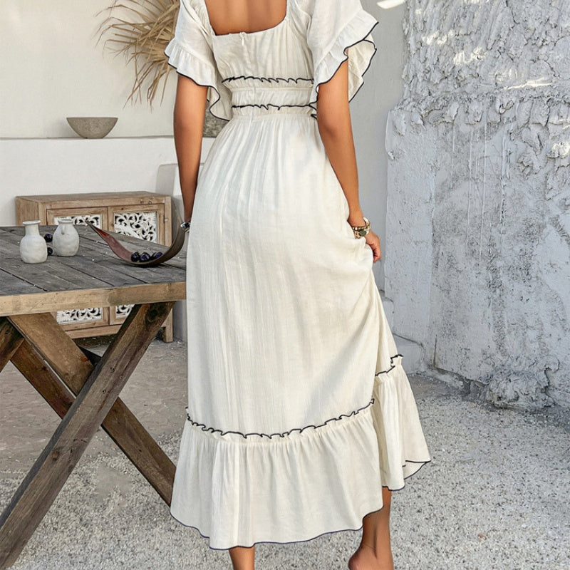 Women's Causal Puffy Short Sleeve Square Neck Dresses