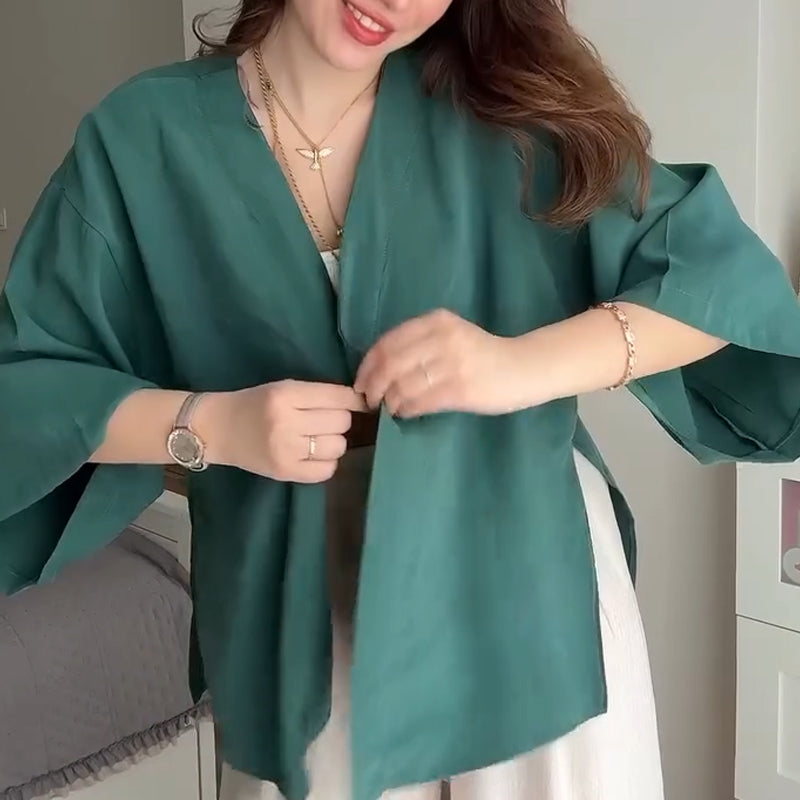 Women's Solid Color V-Neck Half Sleeve Cardigan Tops