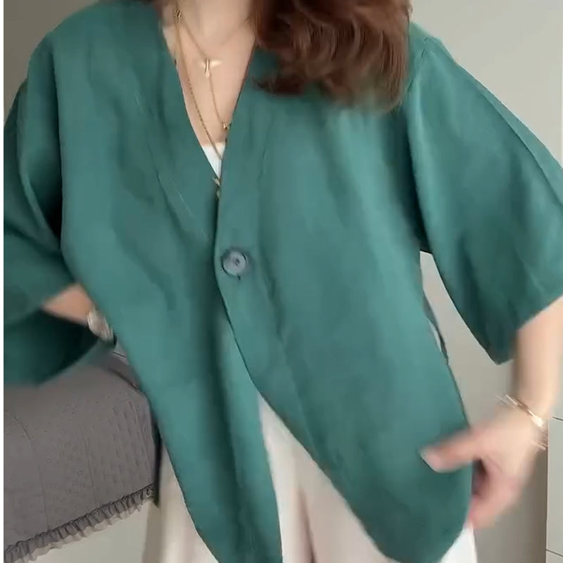 Women's Solid Color V-Neck Half Sleeve Cardigan Tops