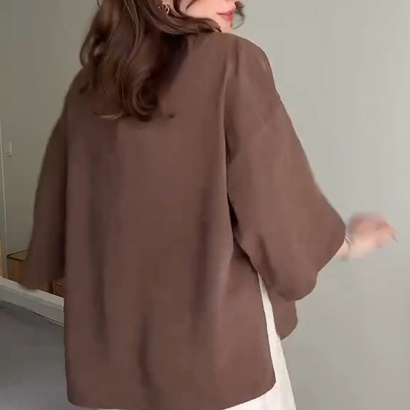 Women's Solid Color V-Neck Half Sleeve Cardigan Tops