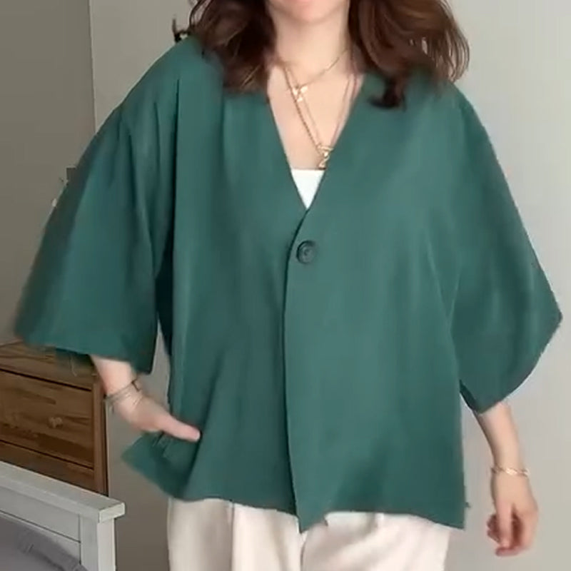 Women's Solid Color V-Neck Half Sleeve Cardigan Tops