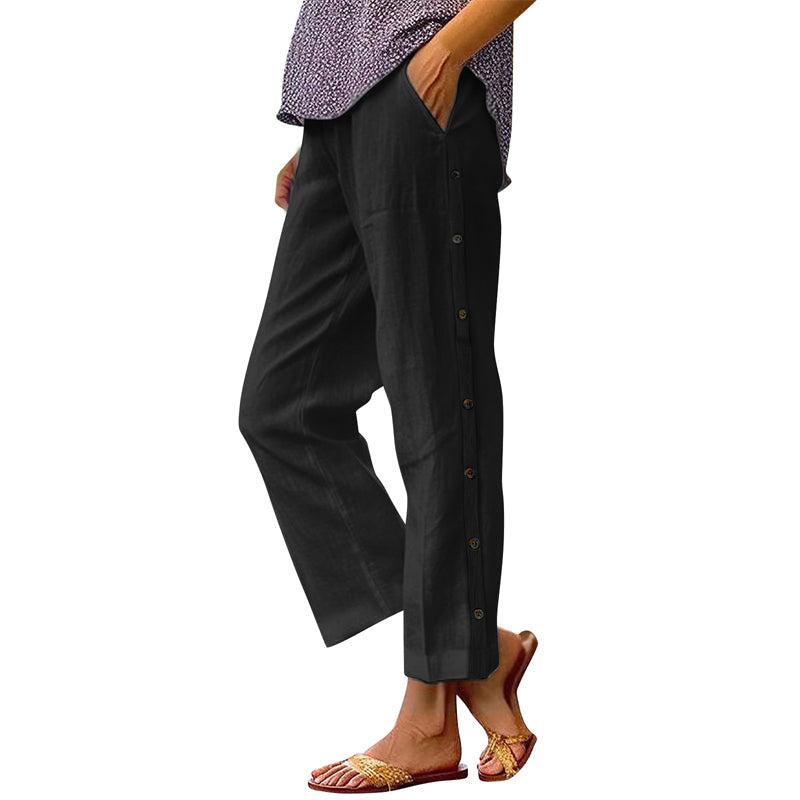 Casual Solid-Color Loose-Fit Cropped Pants with Side Buttons