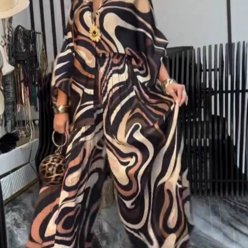 Women's Fashion Loose Printed Shirt & Wide Leg Pants 2-Piece Set