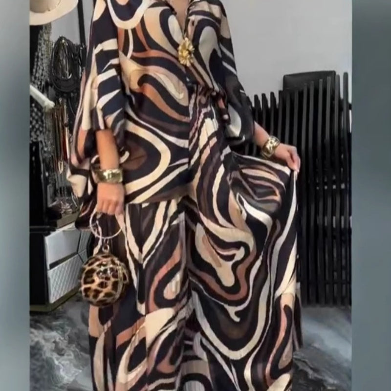 Women's Fashion Loose Printed Shirt & Wide Leg Pants 2-Piece Set
