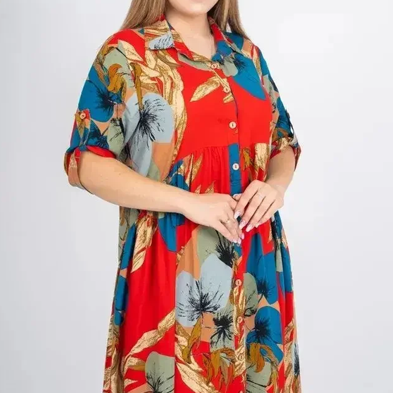 Women’s Loose Lapel Printed Button-Down Long Dress