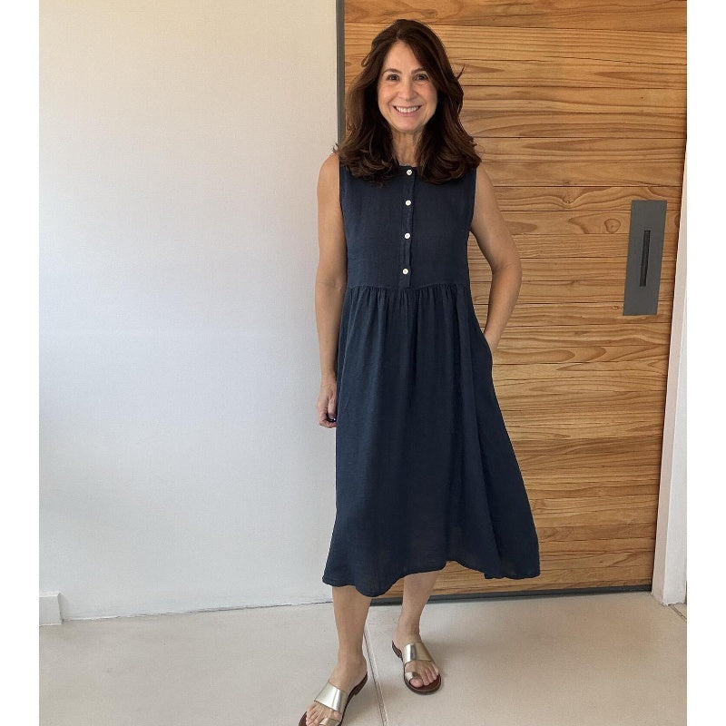 Solid Color Round Neck Sleeveless Button Dress