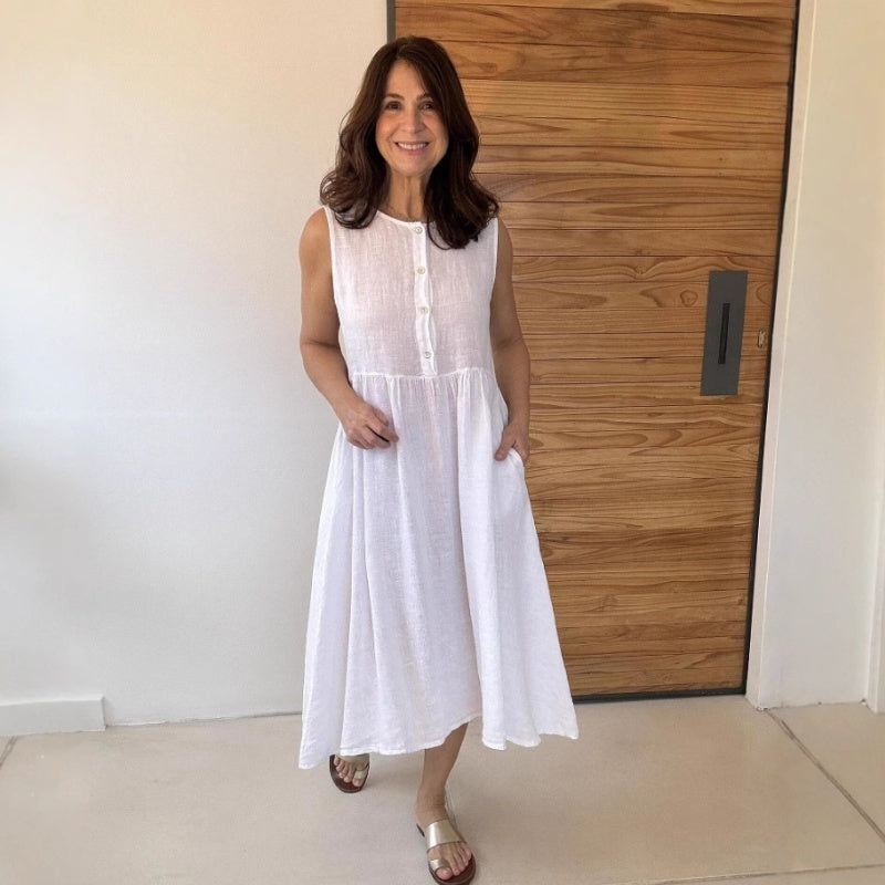 Solid Color Round Neck Sleeveless Button Dress