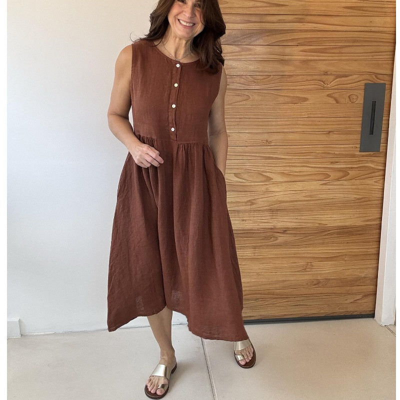 Solid Color Round Neck Sleeveless Button Dress