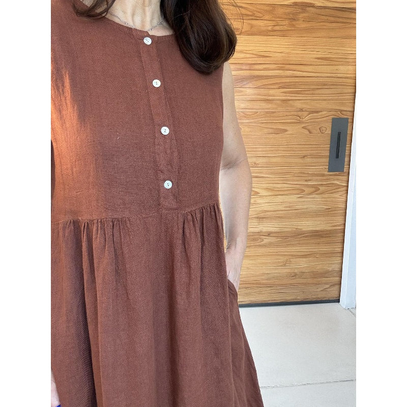 Solid Color Round Neck Sleeveless Button Dress