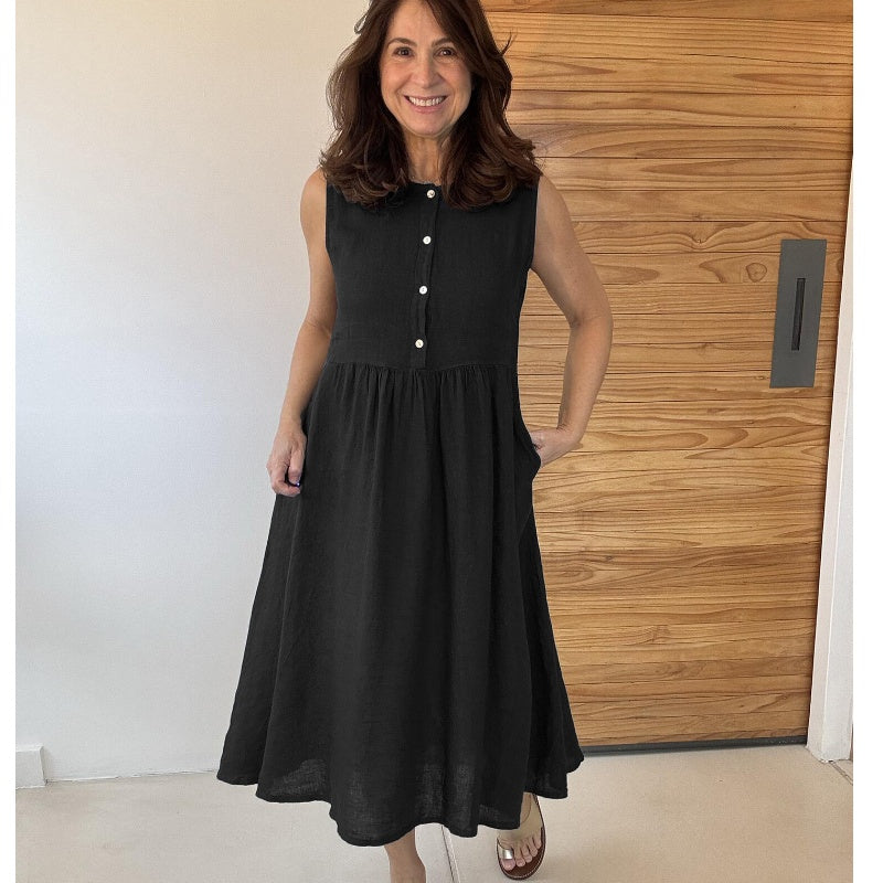 Solid Color Round Neck Sleeveless Button Dress