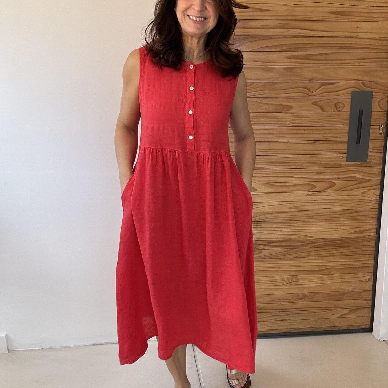 Solid Color Round Neck Sleeveless Button Dress