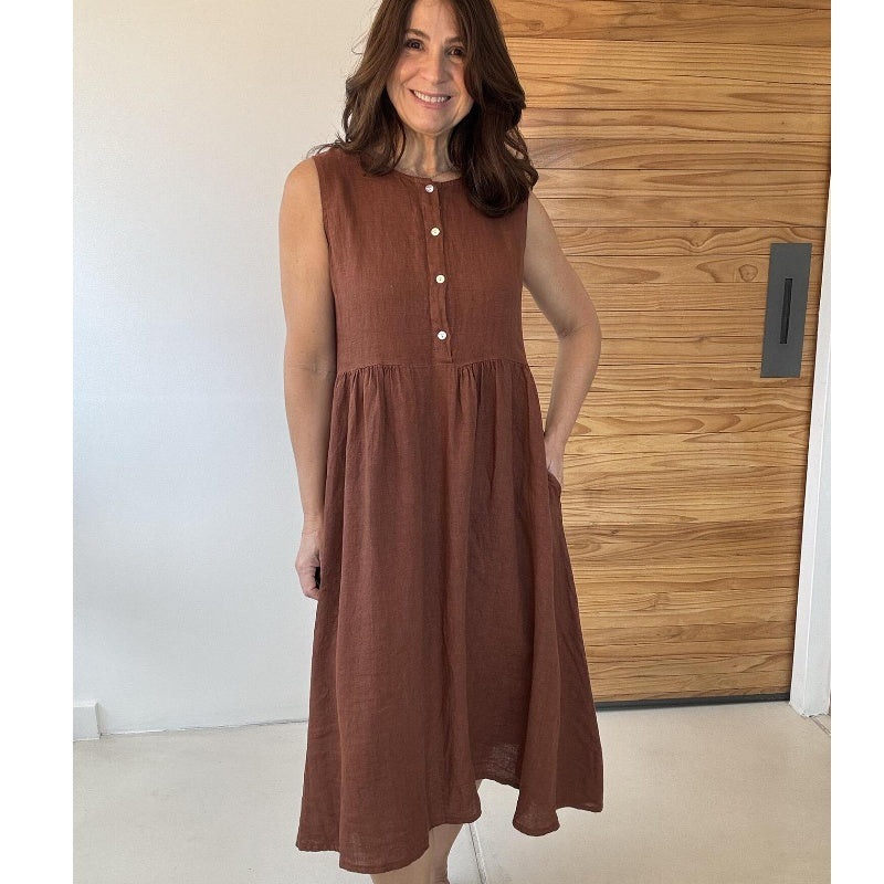 Solid Color Round Neck Sleeveless Button Dress